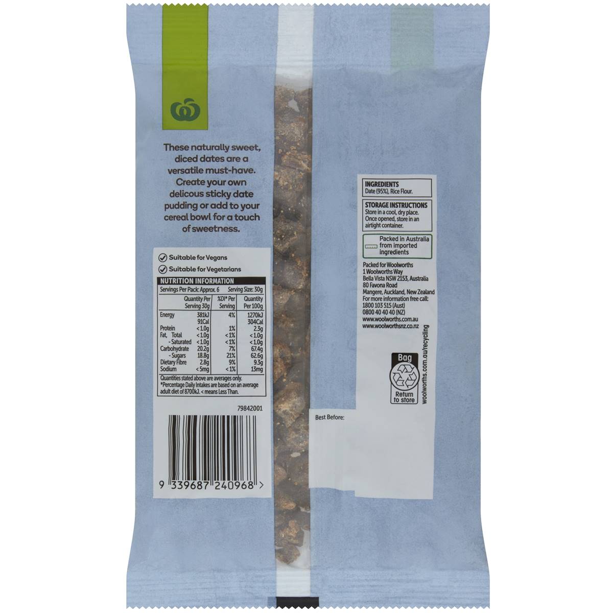 Woolworths Dried & Diced Dates 200g Woolworths