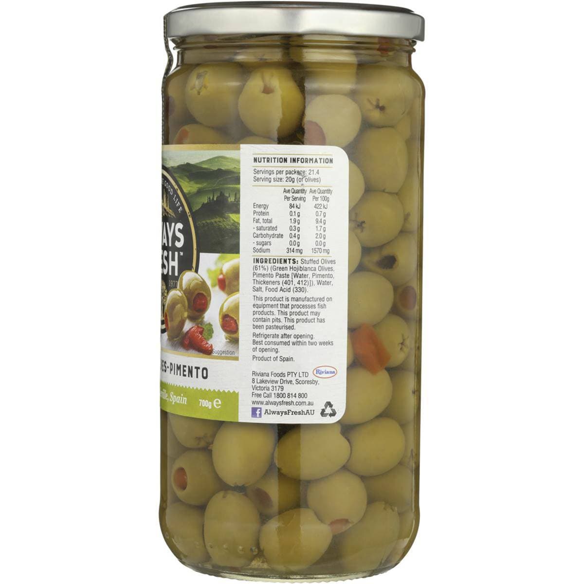Always Fresh Olives Stuffed Green Pimento 700g Woolworths