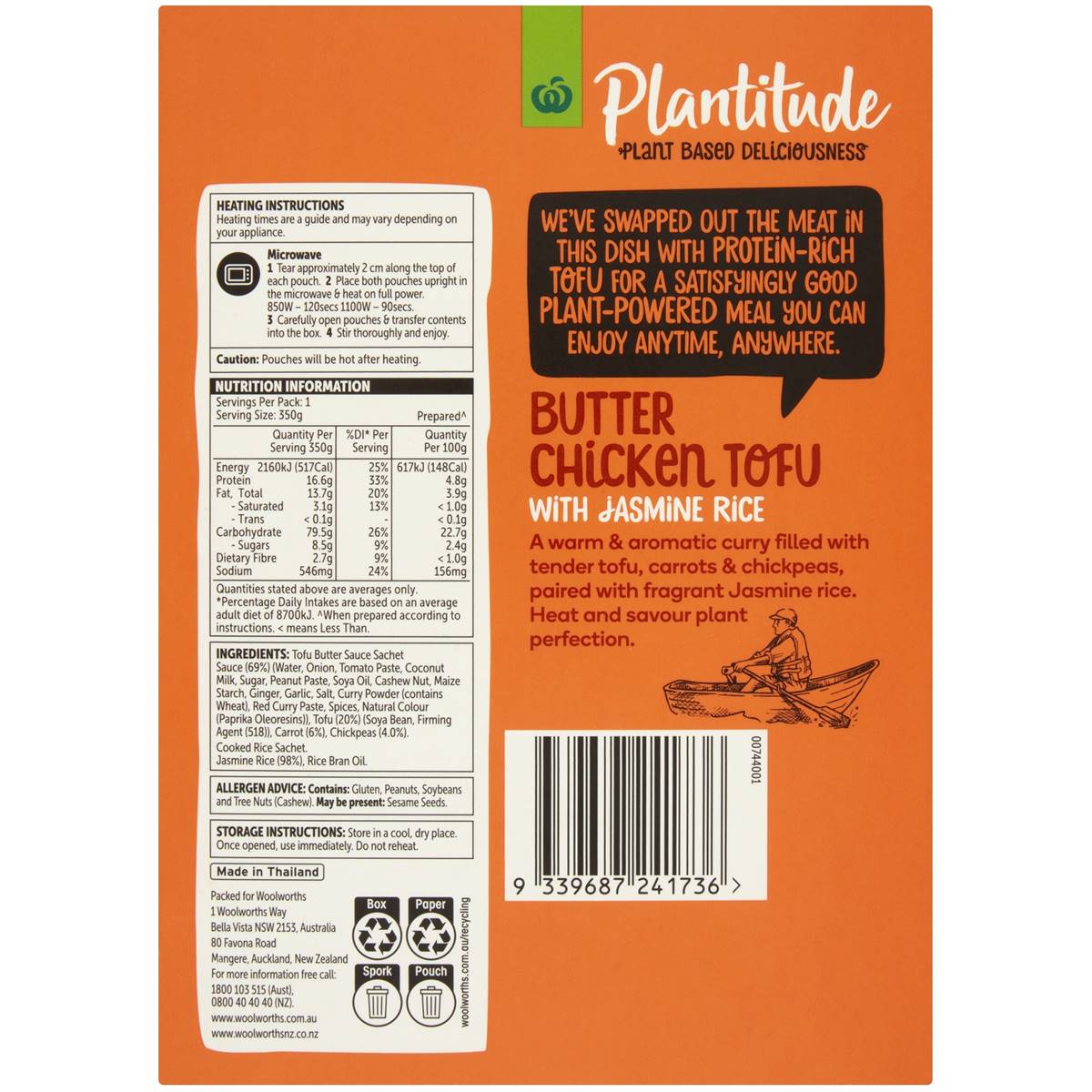 Woolworths Plantitude Butter Chicken Tofu With Jasmine Rice 350g