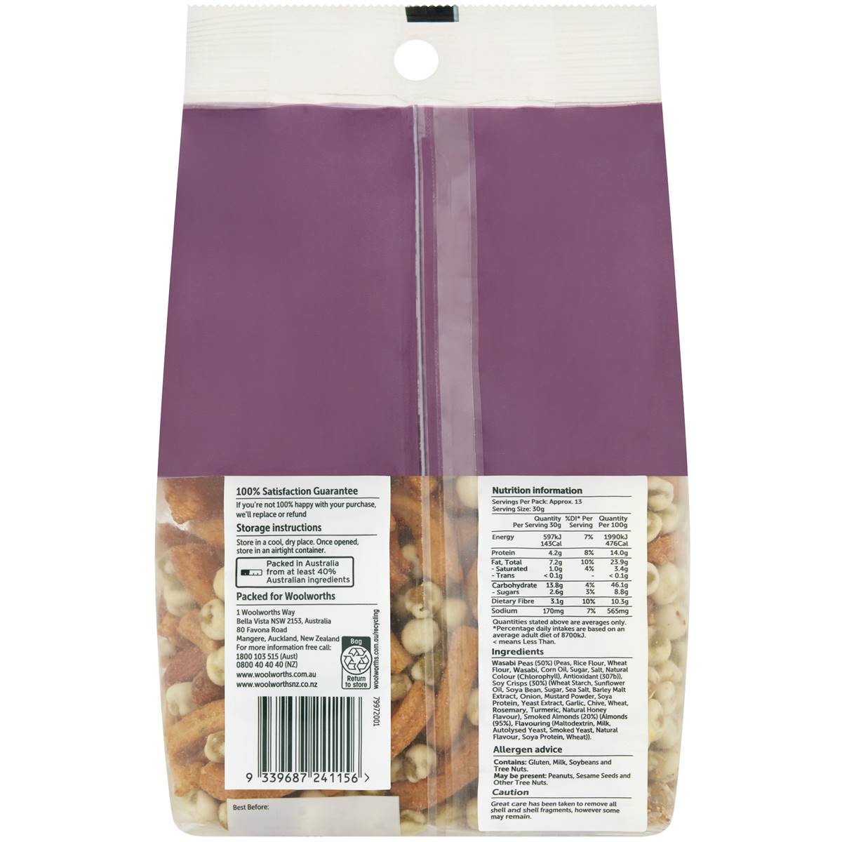 Woolworths Wasabi Pea Soy Crisp & Smoked Almond Mix 400g Woolworths