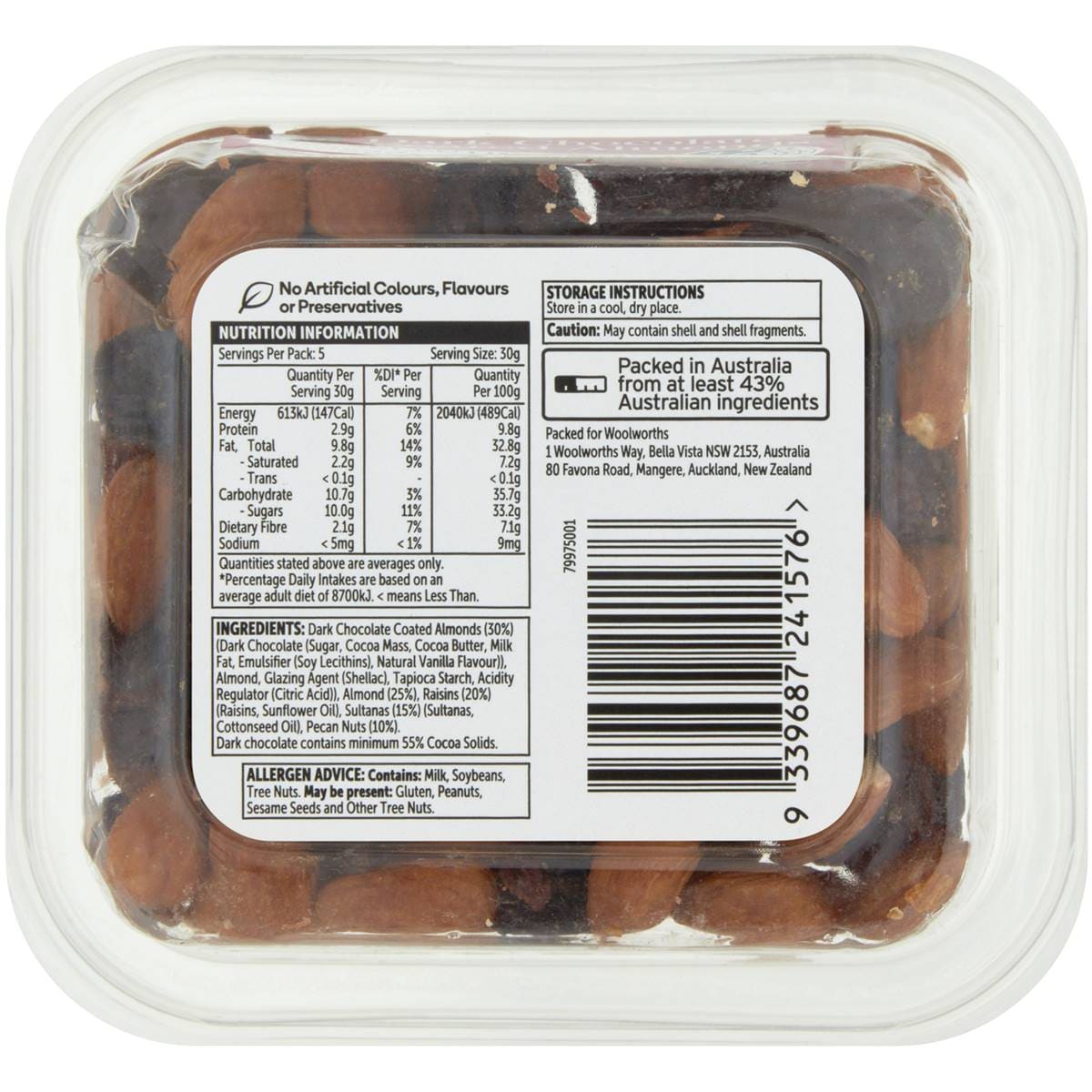 Woolworths Dark Chocolate Coated Almonds Nuts & Fruit Snack Pot 150g