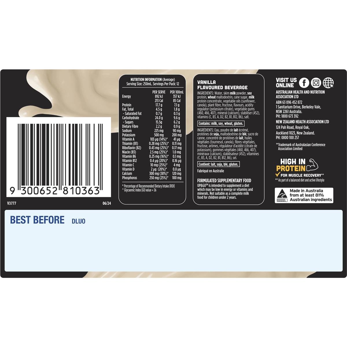Sanitarium Up&go Protein Energize Vanilla 250ml X12 Pack Woolworths