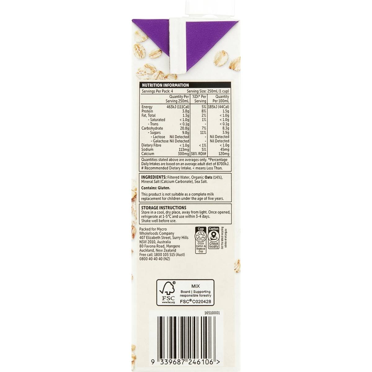 Macro Organic Oat Milk Unsweetened 1l Woolworths
