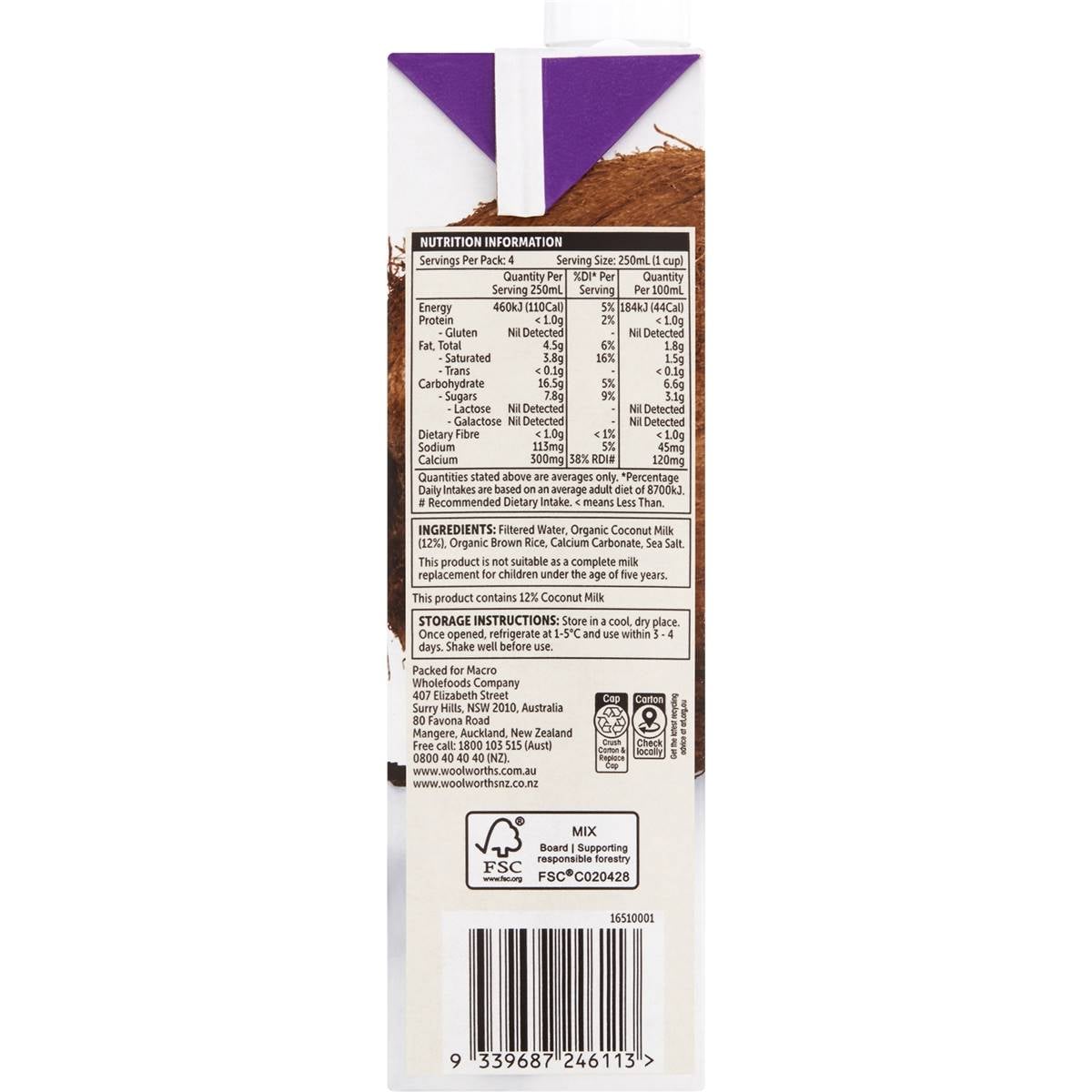 Macro Organic Coconut Milk Unsweetened 1l Woolworths