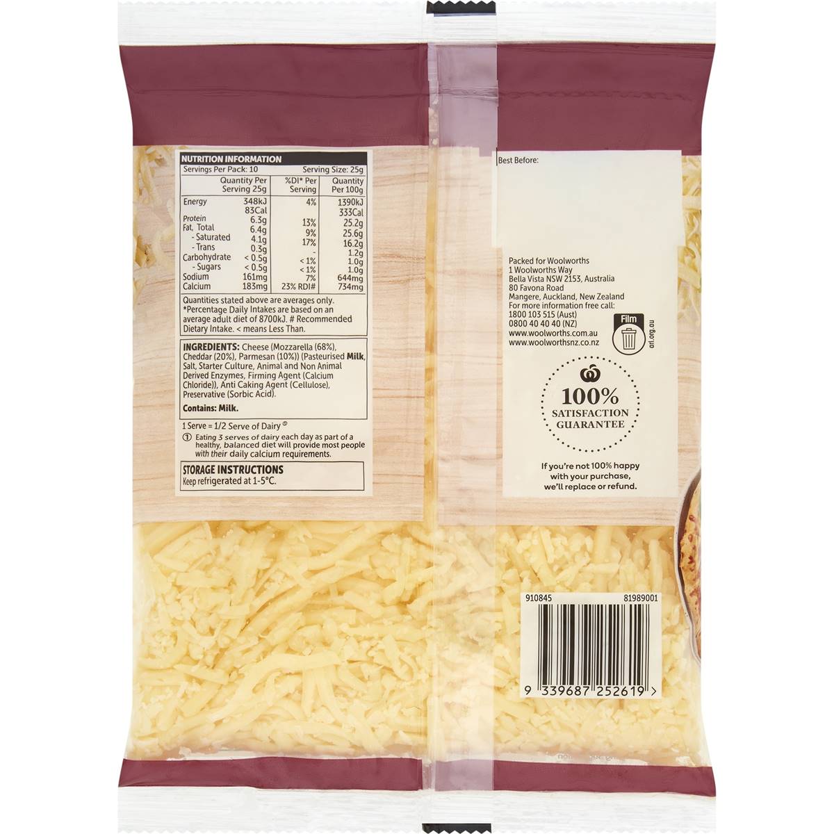 Woolworths Mozzarella Cheddar & Parmesan Shredded Blend 250g Woolworths