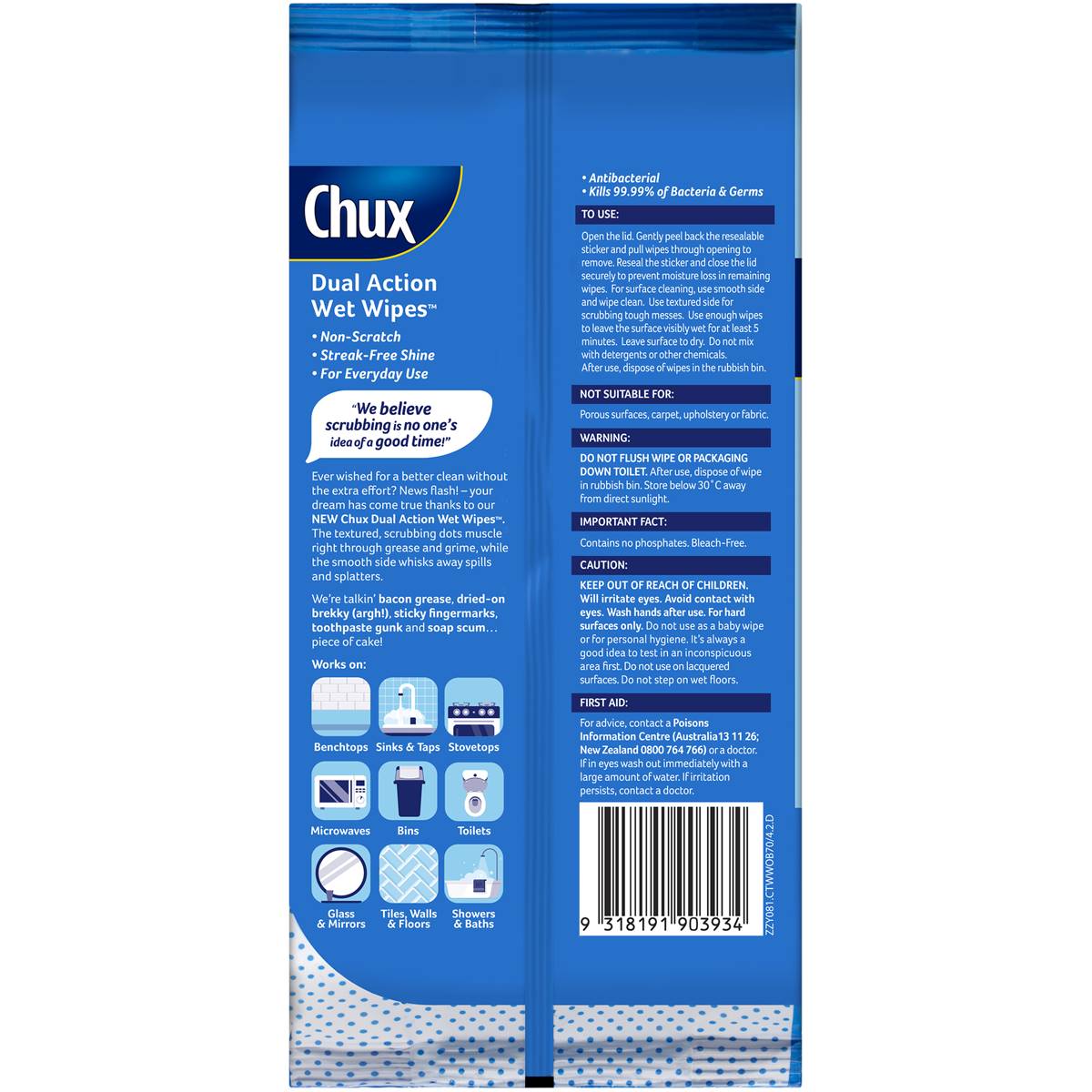Chux Dual Action Wet Wipes Ocean Scent 70 Pack Woolworths