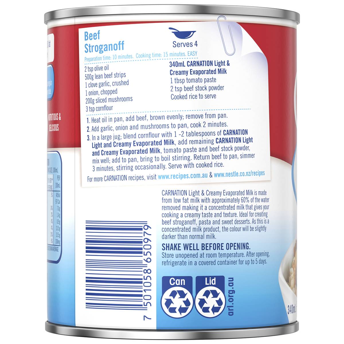 Nestle Carnation Light & Creamy Evaporated Milk 340ml Woolworths
