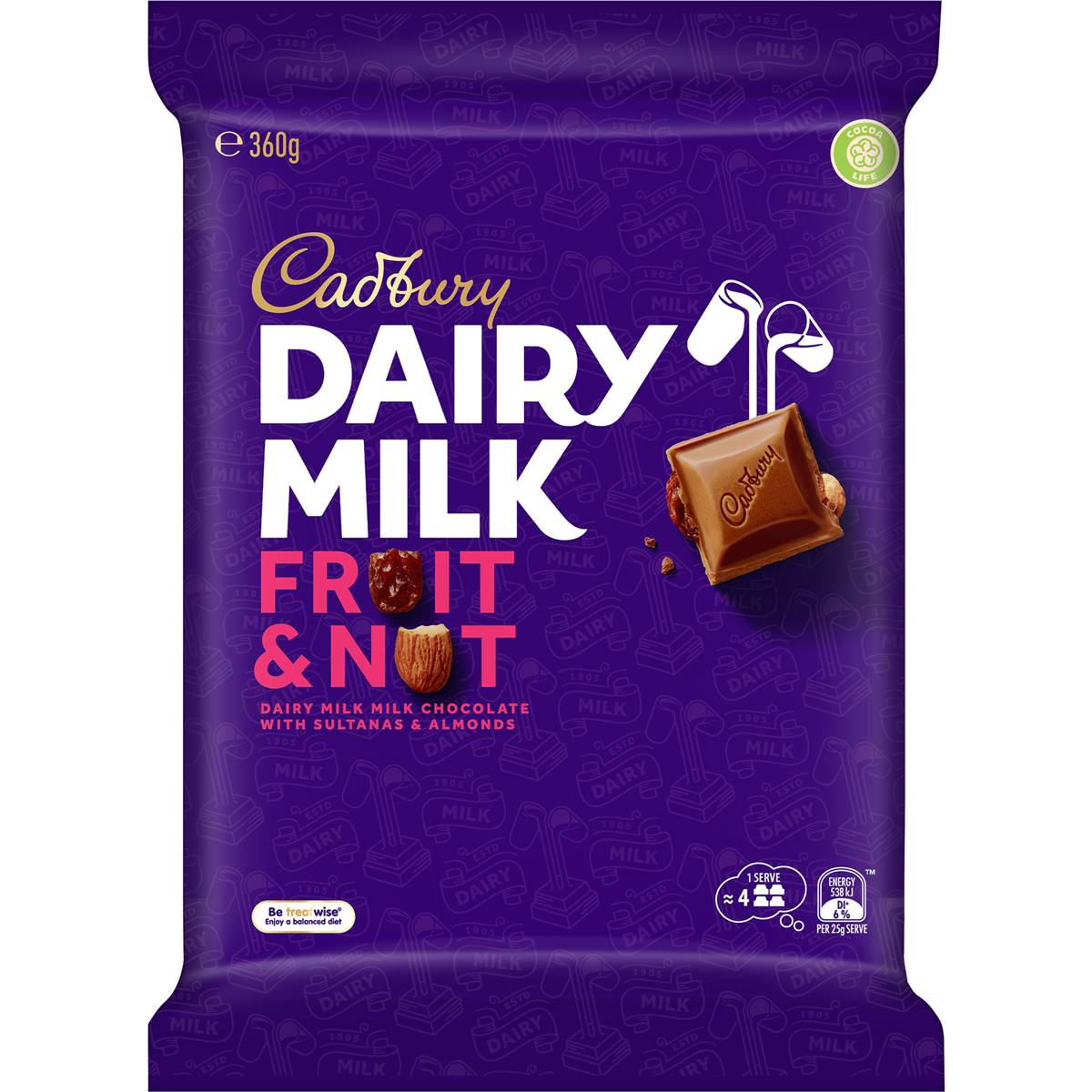 Cadbury Dairy Milk Fruit & Nut Large Chocolate Block 360g | Woolworths