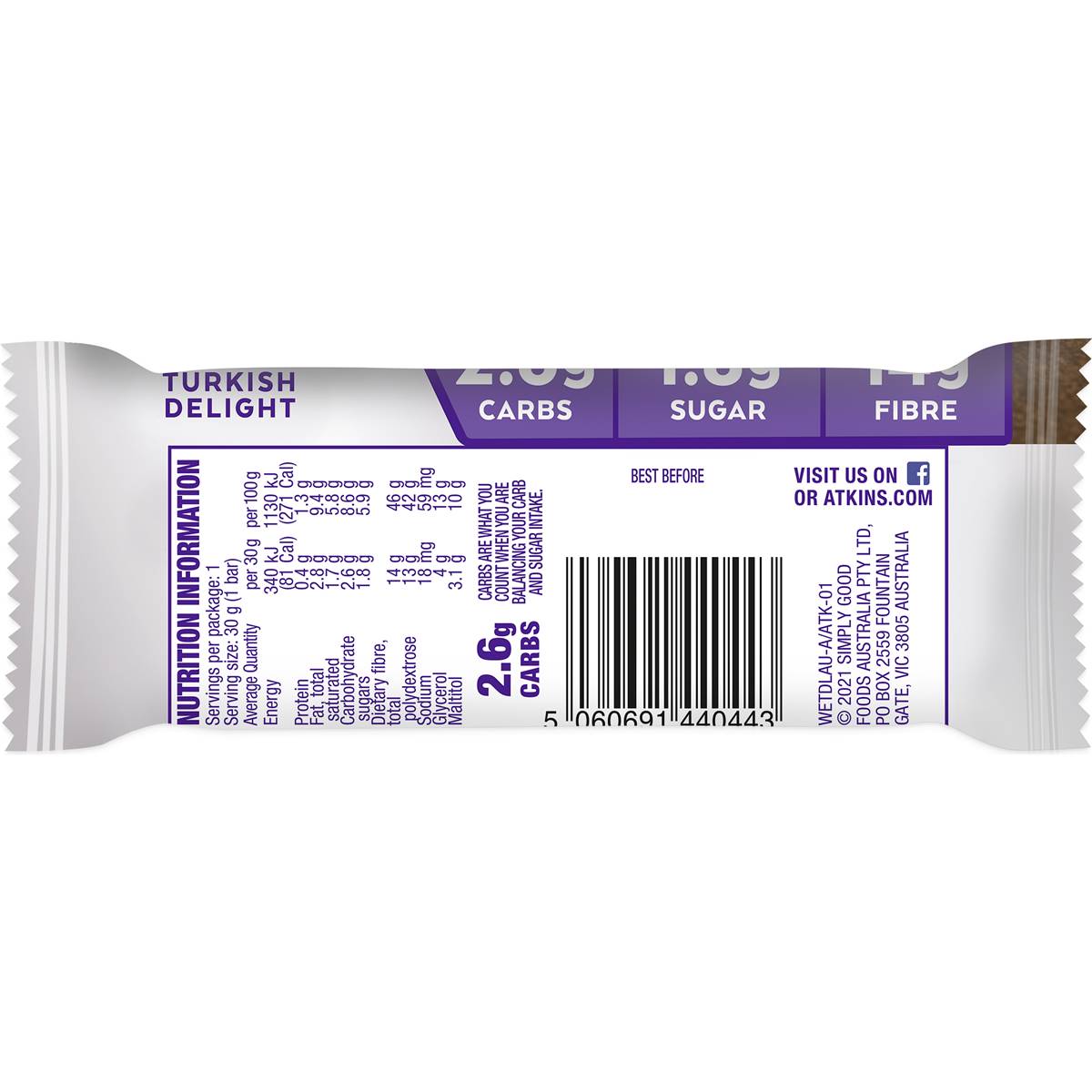 Atkins Endulge Turkish Delight Low Carb Bar 30g Woolworths