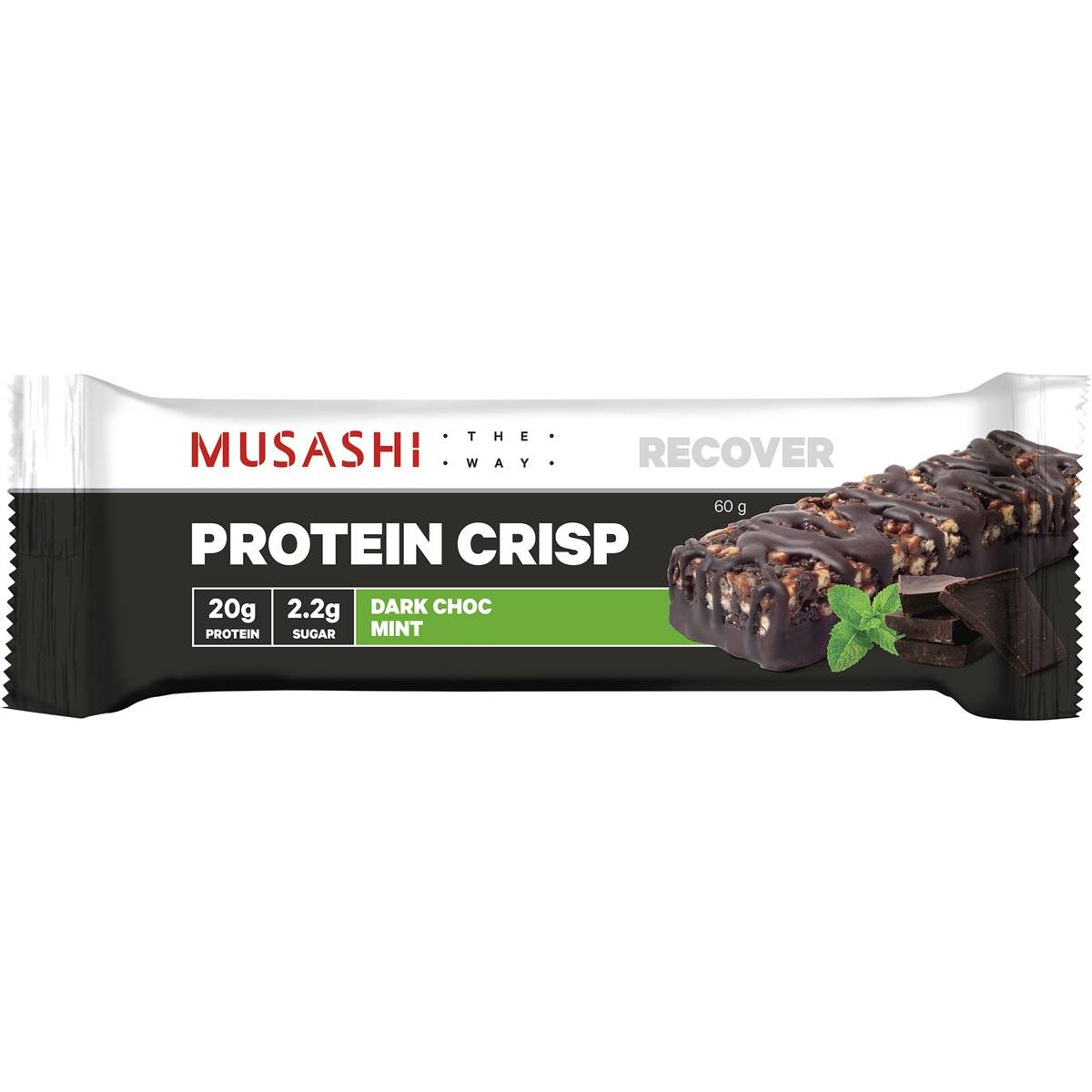 Musashi Crisp Protein Bar Dark Chocolate Mint, Low Sugar, 60g | Woolworths