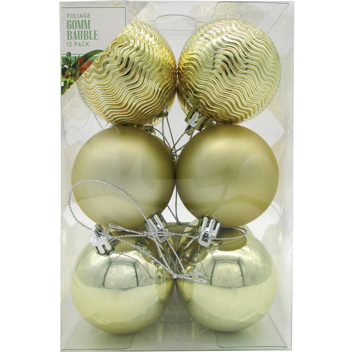 Christmas Foliage 60mm Baubles Light Gold 12 Pack | Woolworths