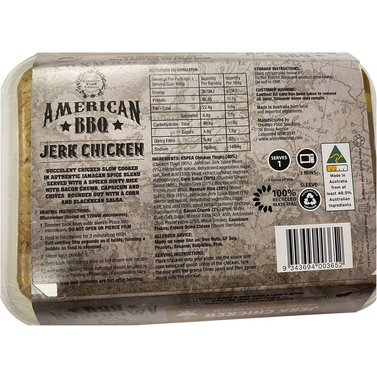 Creative Foods American Bbq Jerk Chicken Meal Chilled Meal 400g Woolworths