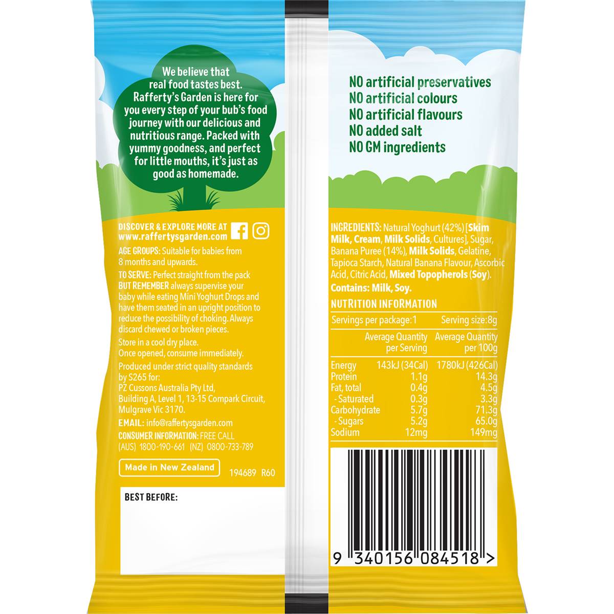 Rafferty's Garden Banana Mini Yoghurt Drops Baby Food Snack 8+ Months