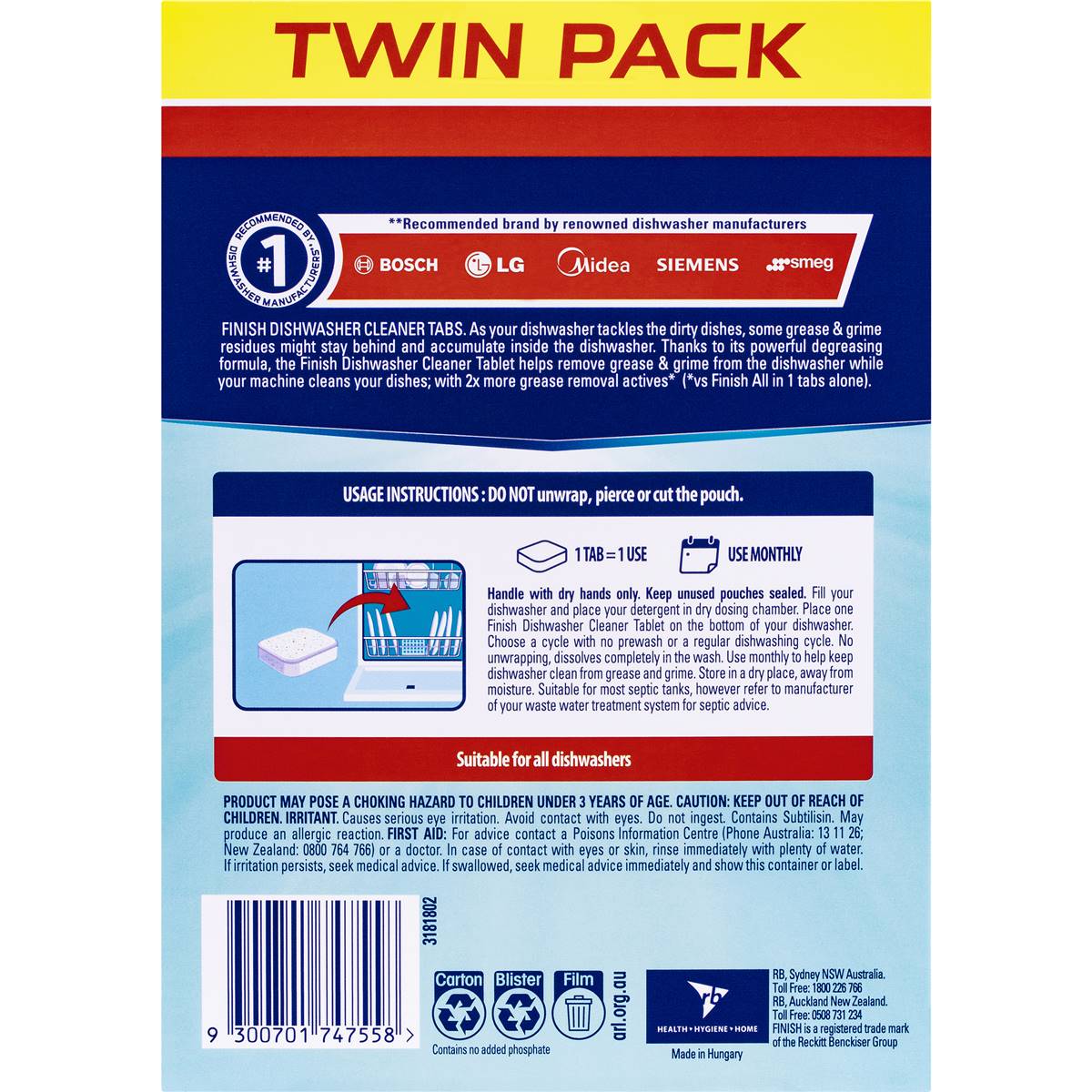 Finish Dishwasher Cleaner Tablets Twin 6 Pack Woolworths