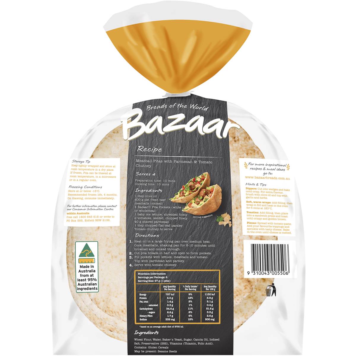 Bazaar Pita Bread Pocket White 6 Pack Woolworths