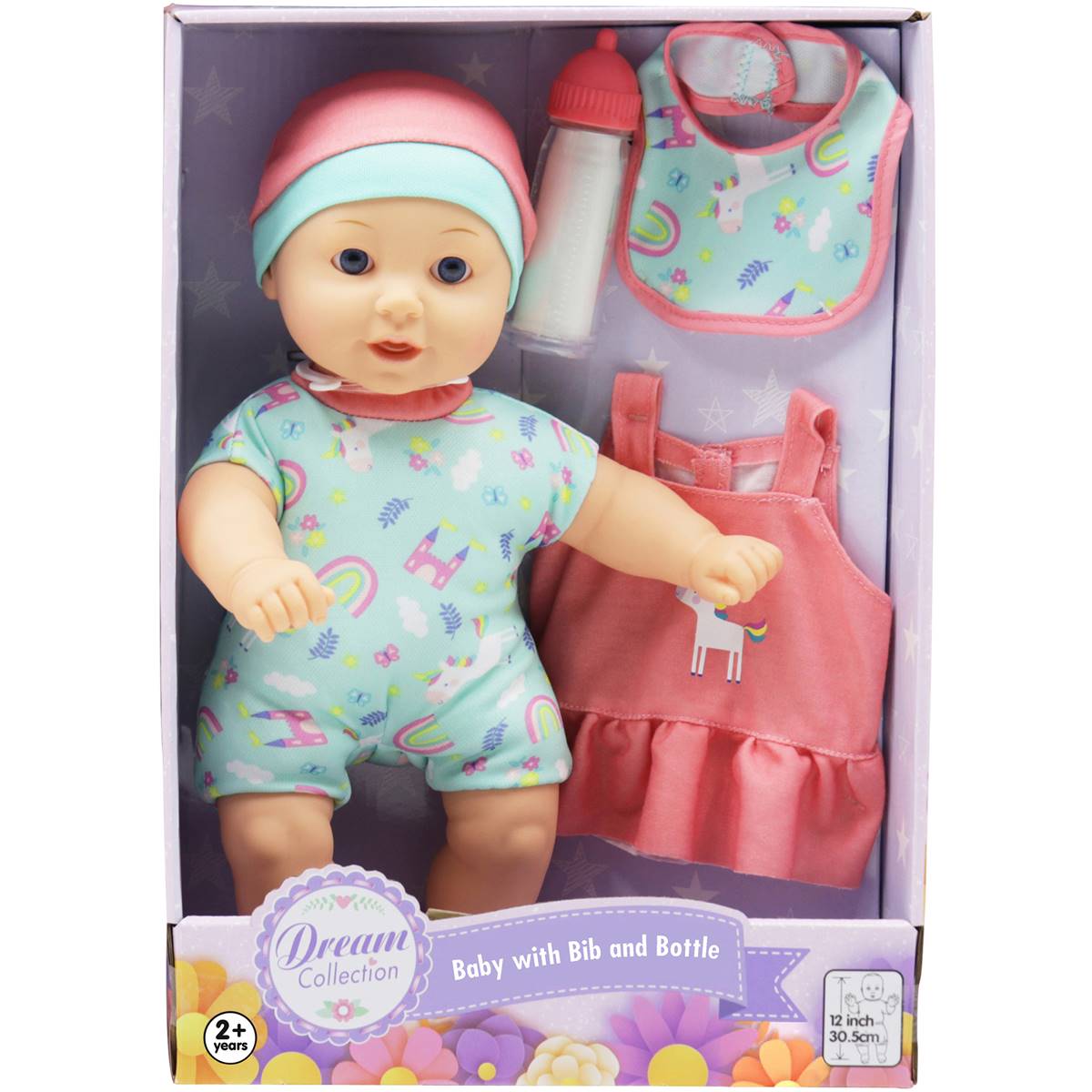 Dream Collection Baby Doll With Bib & Bottle Set Assorted Each | Woolworths