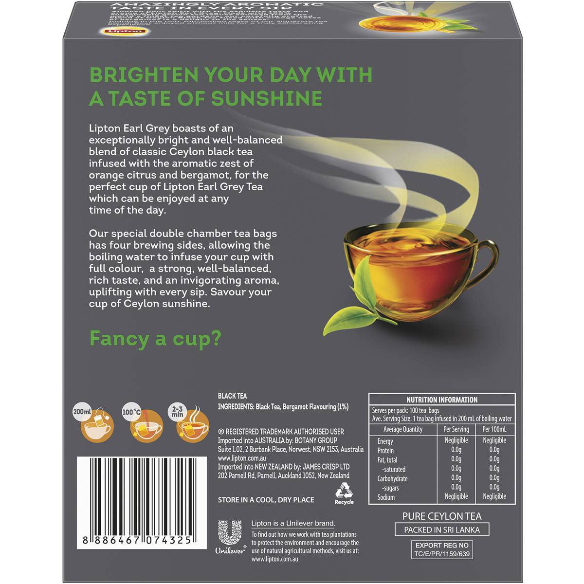 Lipton Earl Grey Tea Bags 100 Pack Woolworths