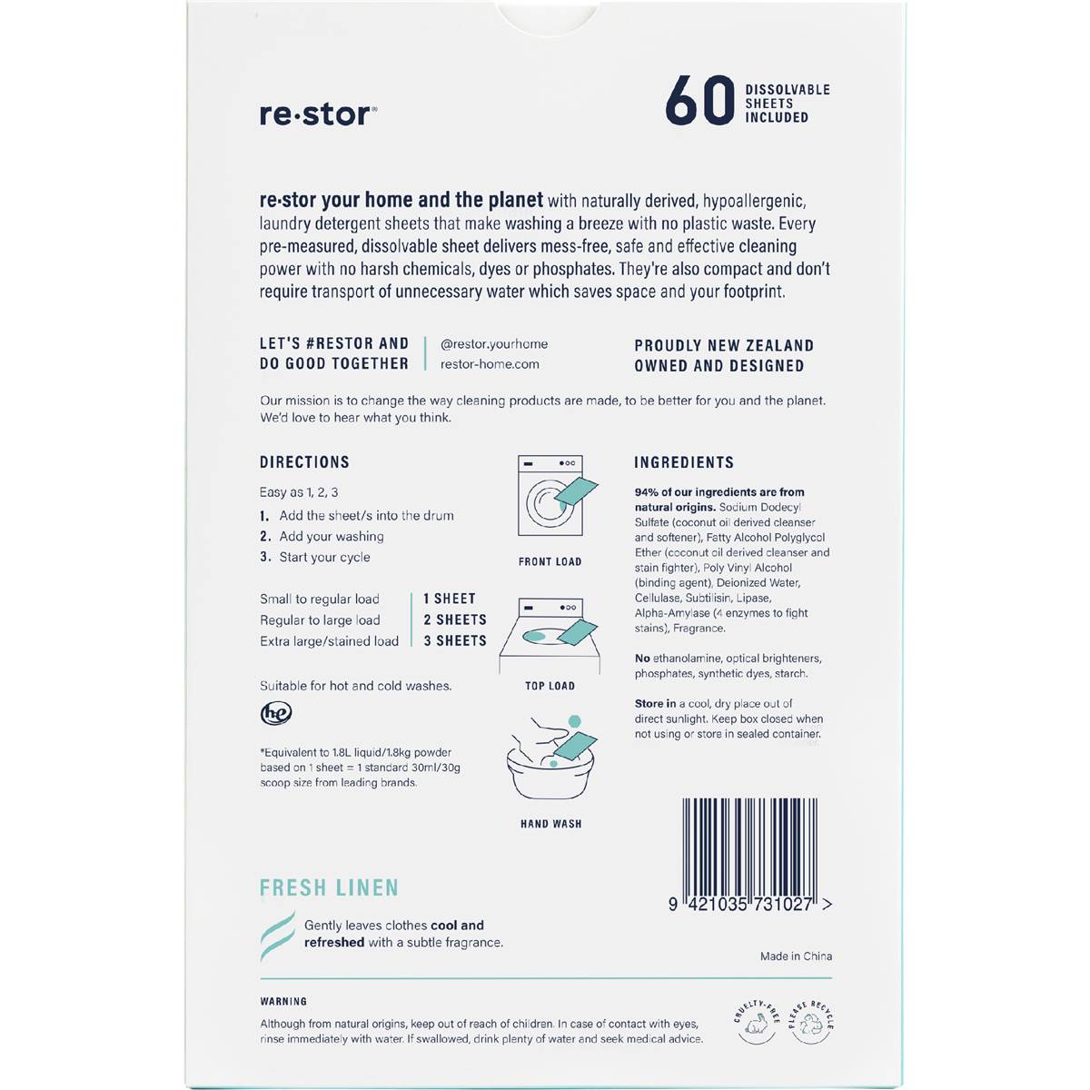 Restor Concentrated Laundry Detergent Sheets Fresh Linen 60 Pack