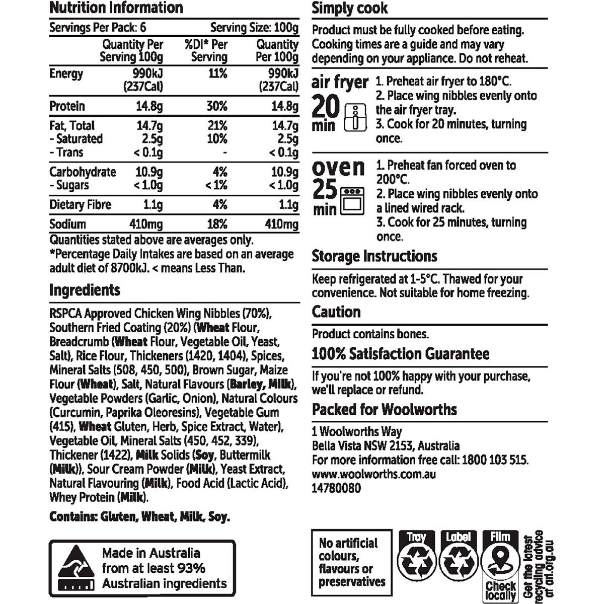 Woolworths Buttermilk Tennessee Style Chicken Wing Nibbles 600g