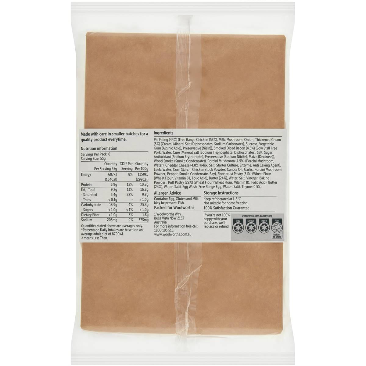 Woolworths Free Range Chicken Porcini Mushroom & Smoked Bacon Pies 6 Pack Woolworths