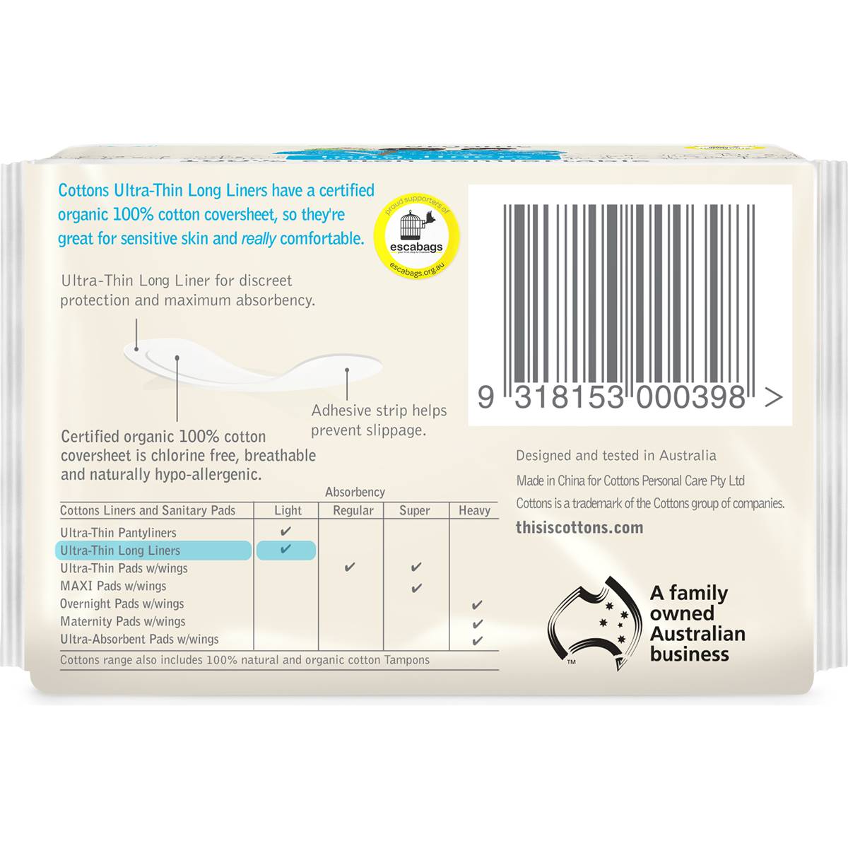 Cottons Organic Ultra Thin Long Panty Liners 32 Pack Woolworths