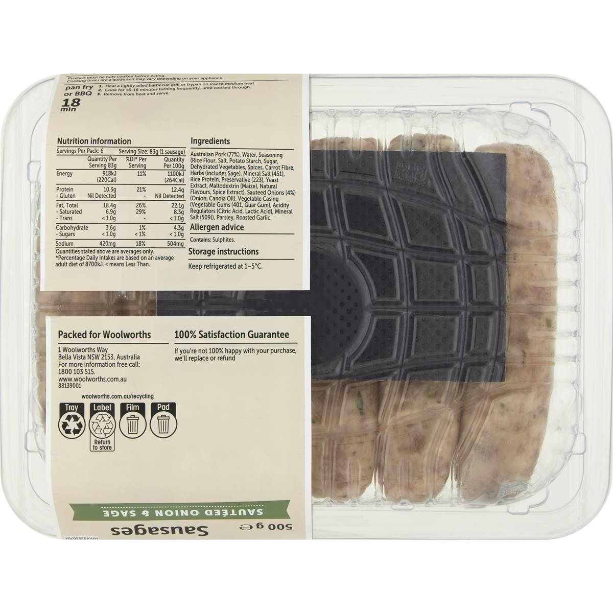 Woolworths 6 Pork Sausage Sautee Onion & Sage 500g Woolworths