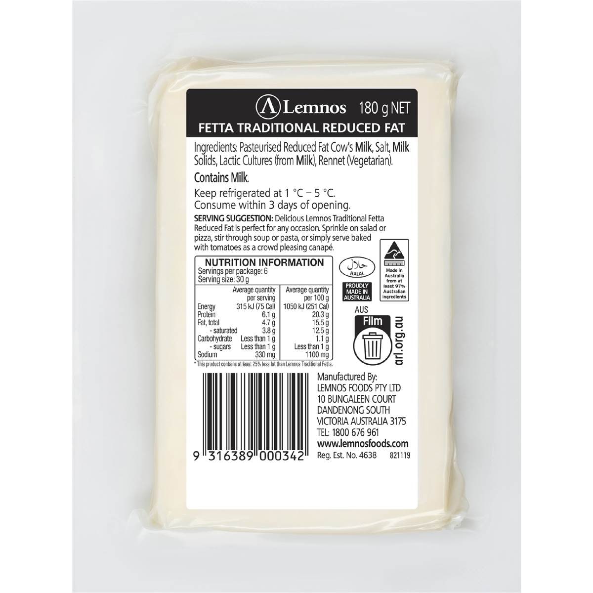 Lemnos Reduced Fat Fetta Traditional Crumbly & Tangy 180g | Woolworths