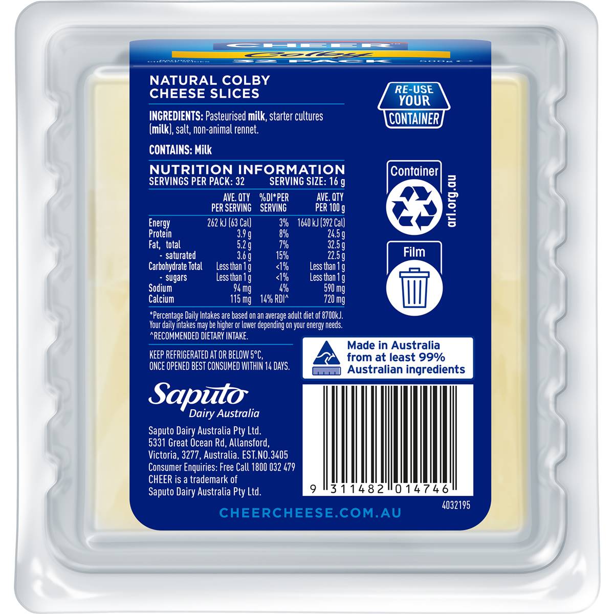 Cheer Cheese Colby Cheese Slices 500g Woolworths