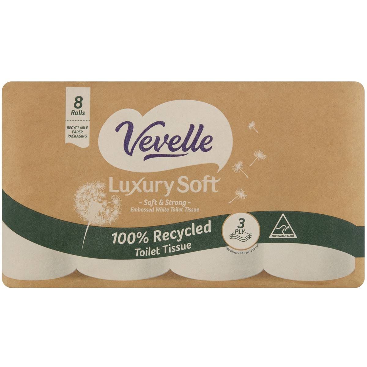 Vevelle Toilet Tissue 3 Ply Luxury Soft Premium Recycled 8 Pack