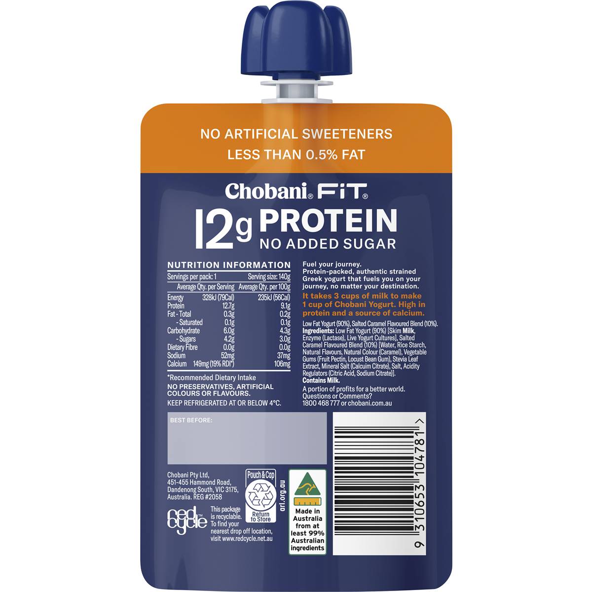 Chobani Fit Salted Caramel High Protein Greek Yogurt Pouch 140g