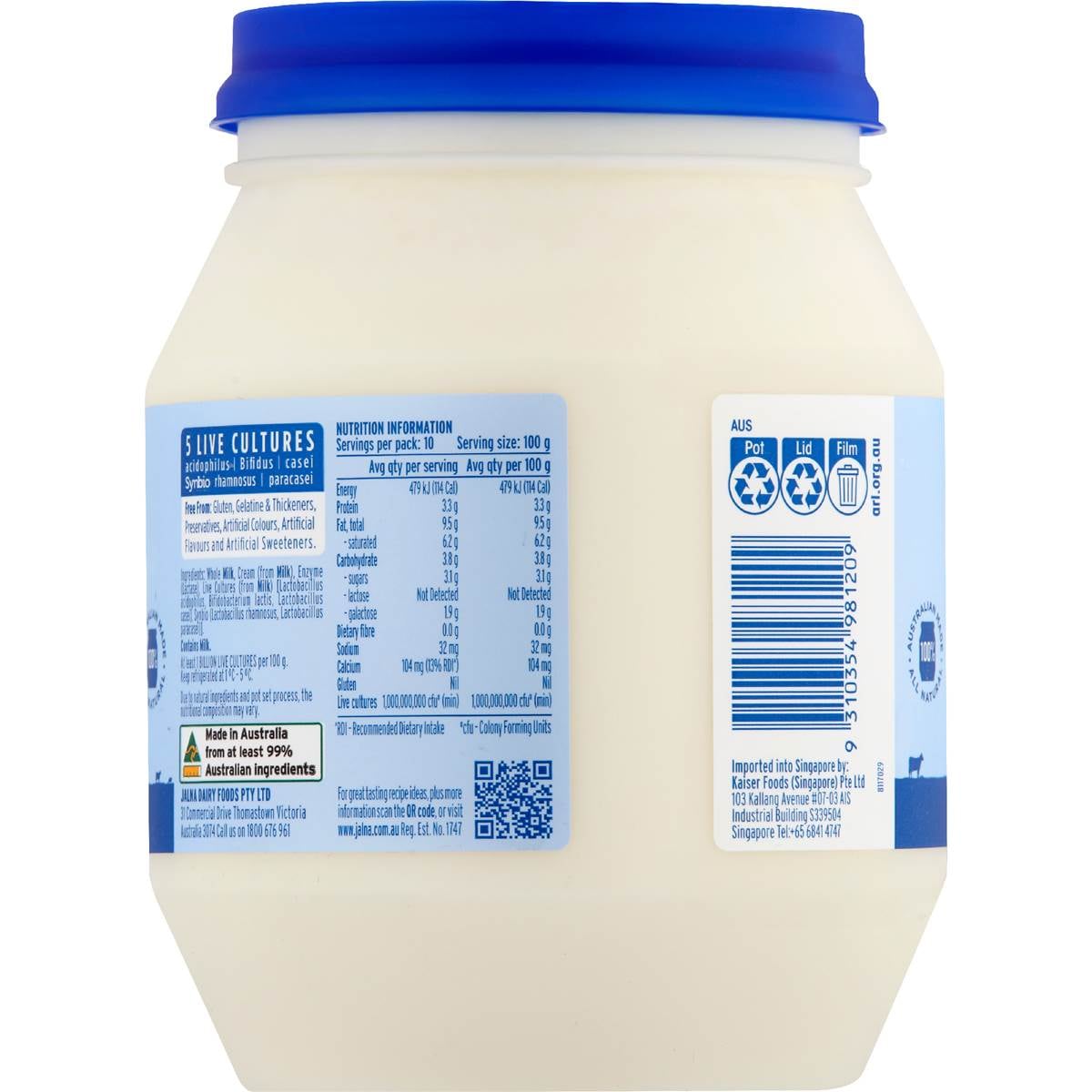 Jalna Lactose Free Greek Yoghurt 1kg Woolworths