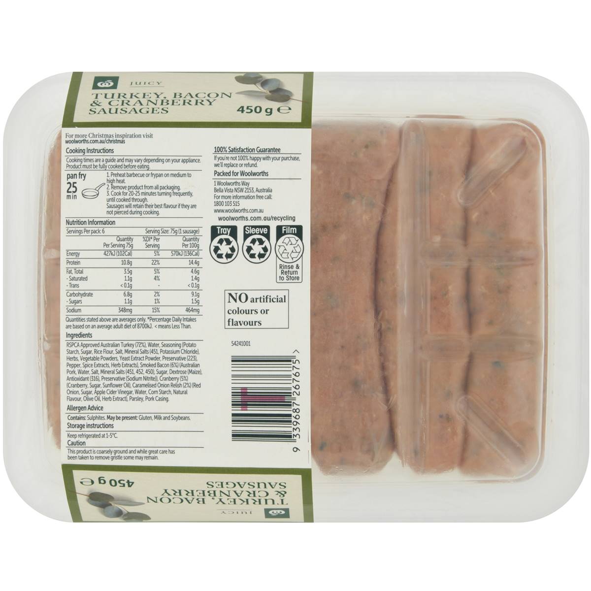 Woolworths Turkey, Bacon & Cranberry Festive Sausage 450g Woolworths