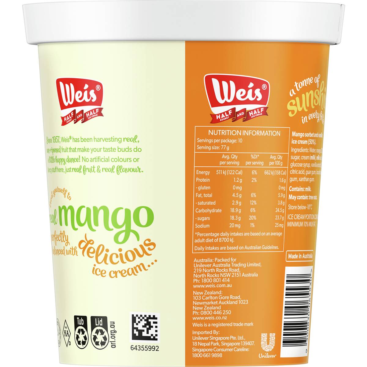 Weis Half & Half Mango & Vanilla Ice Cream And Sorbet 1l Woolworths