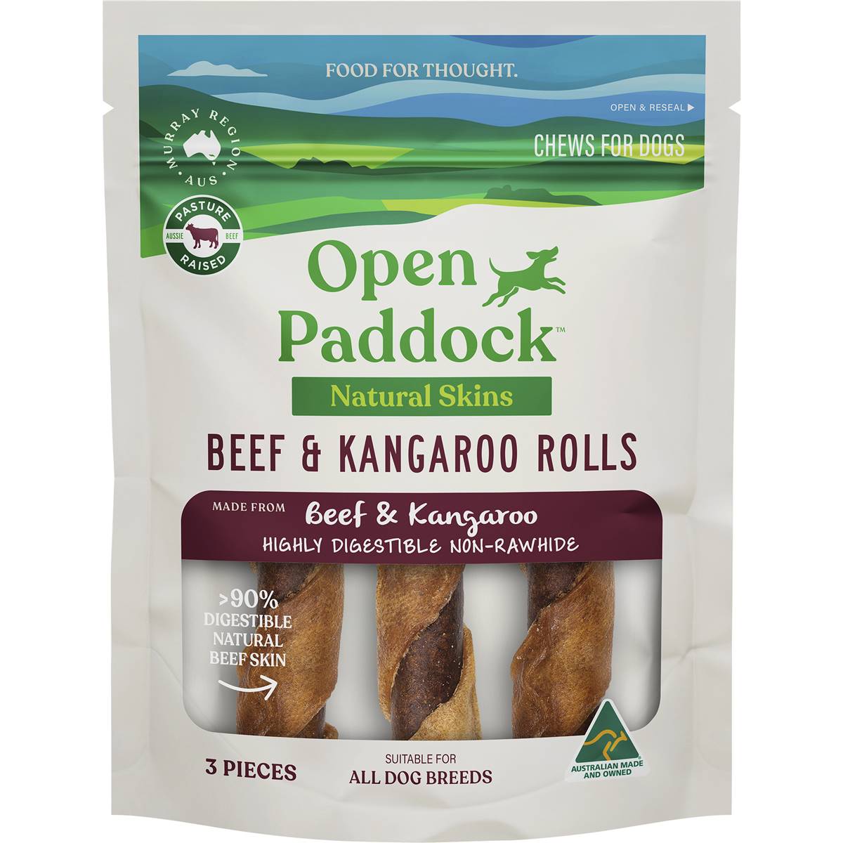 Open Paddock Natural Skins Beef & Kangaroo Rolls Dog Chews 3 Pack Woolworths