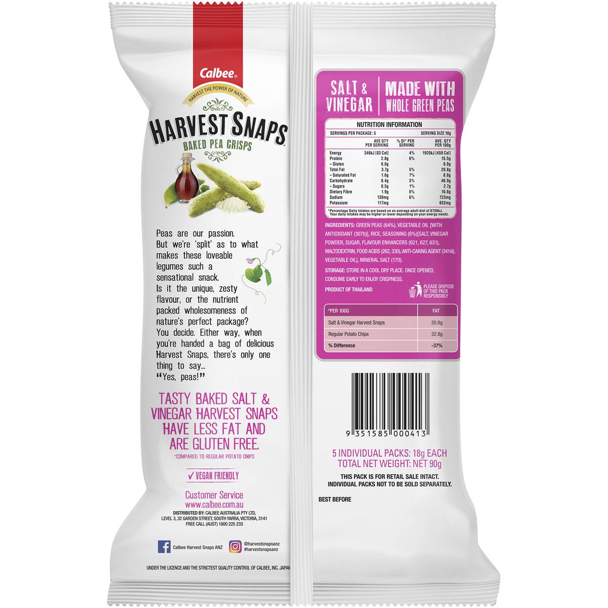 Calbee Harvest Snaps Pea Salt & Vinegar Multipack Baked Crisps 5 Pack
