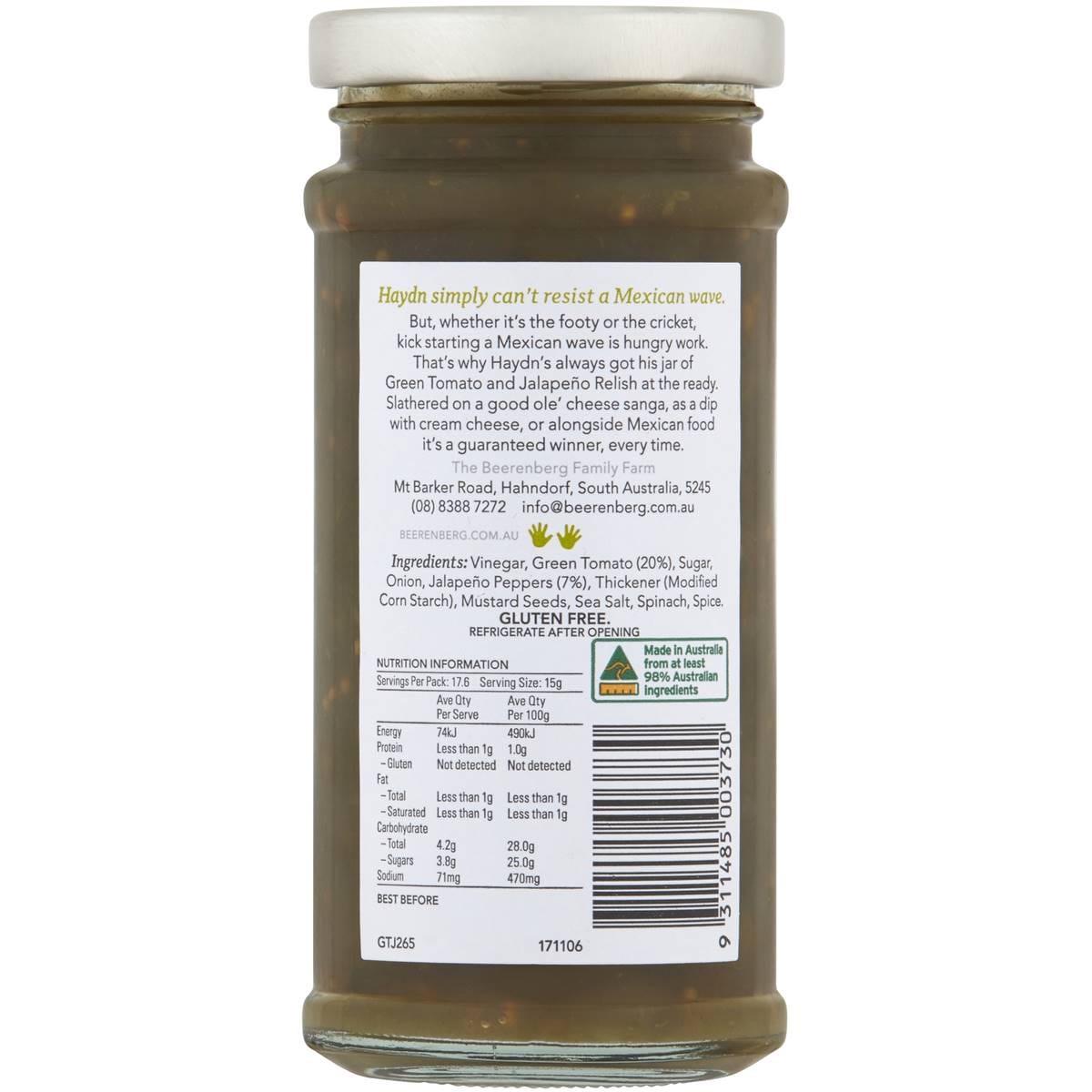 Beerenberg Green Tomato & Jalapeno Relish 265g Woolworths
