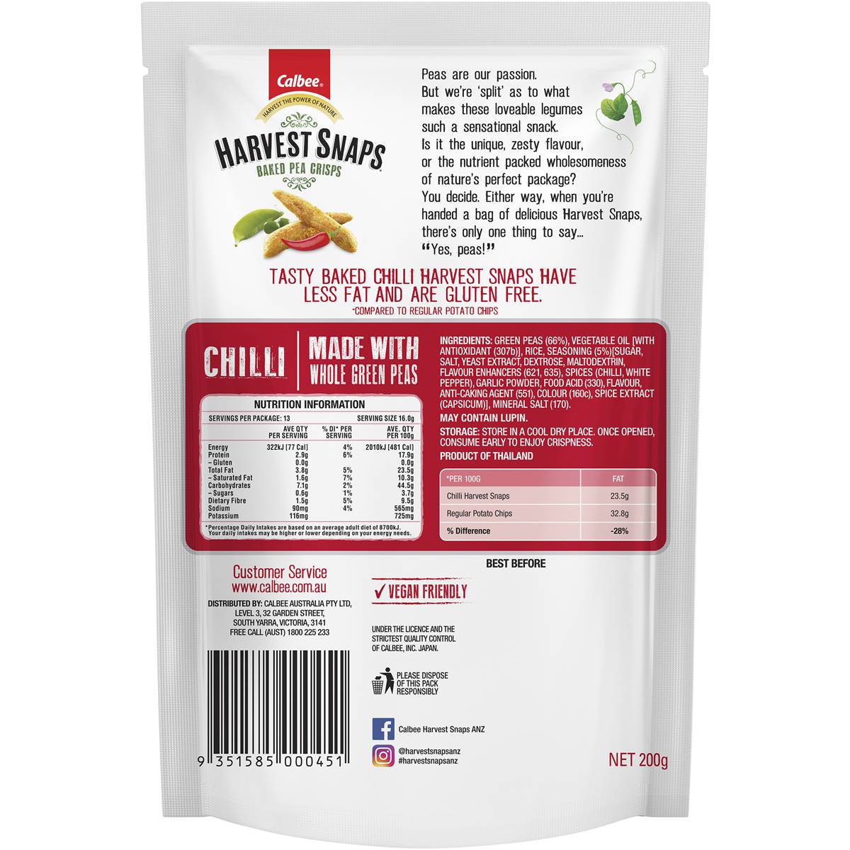 Calbee Harvest Snaps Chilli Baked Pea Crisps 200g Woolworths