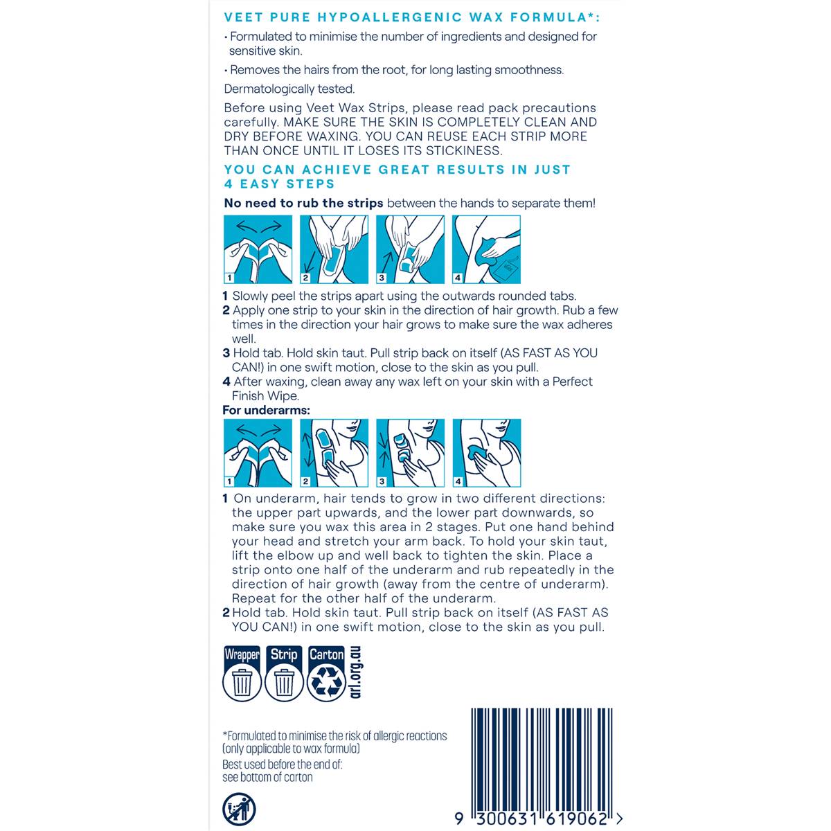 Veet Pure Cold Wax Strips Legs & Body 20 Pack Woolworths