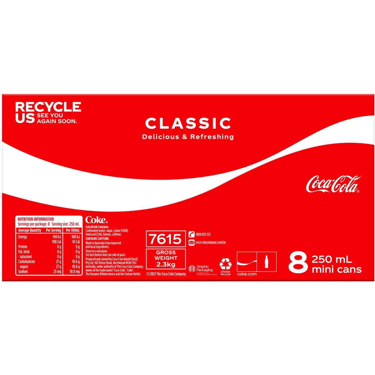 Cocacola Classic Soft Drink Mini Cans 250mlx 8 Pack Woolworths