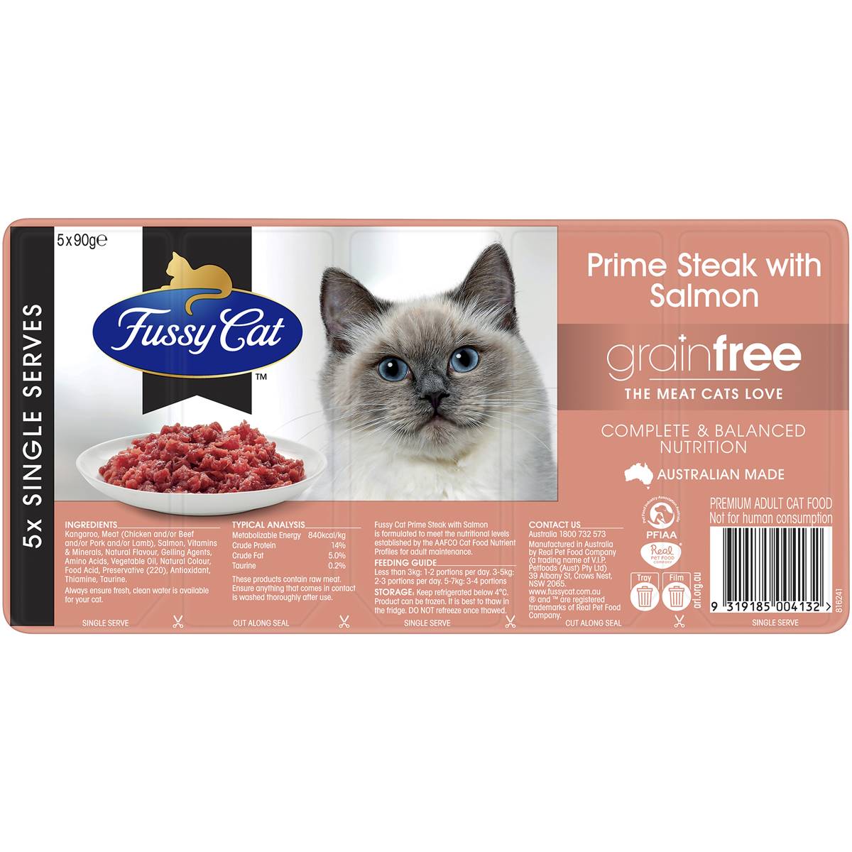Fussy Cat Grain Free Adult Chilled Fresh Cat Food Prime Steak & Salmon 90g X5 Pack Woolworths
