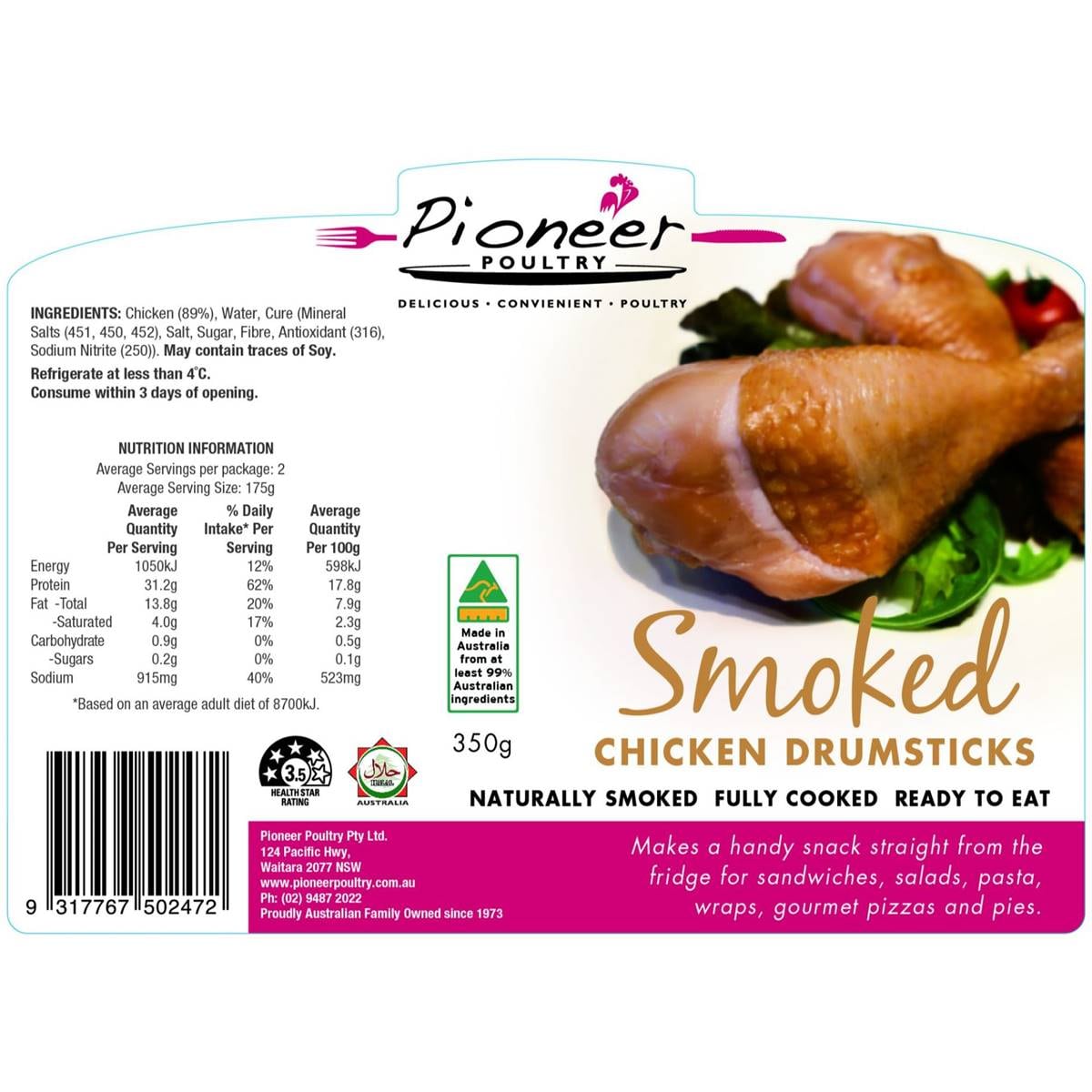 Pioneer Poultry Smoked Chicken Drumsticks 350g Woolworths
