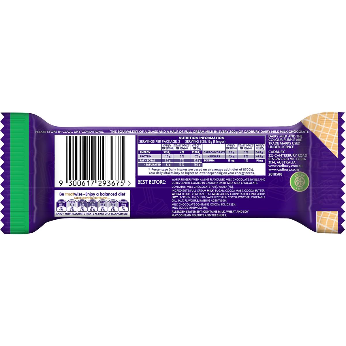 Cadbury Twirl Breakaway Wafer Mint Flavour 32g | Woolworths