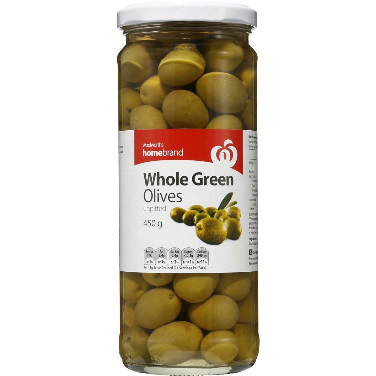 Homebrand Olives Green Whole Unpitted 450g Woolworths