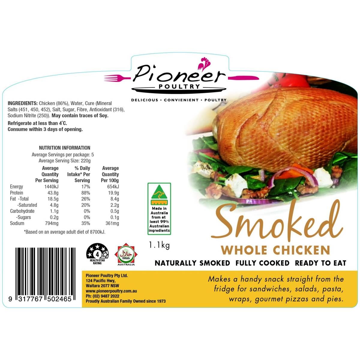 Pioneer Poultry Smoked Whole Chicken 1.1kg Woolworths