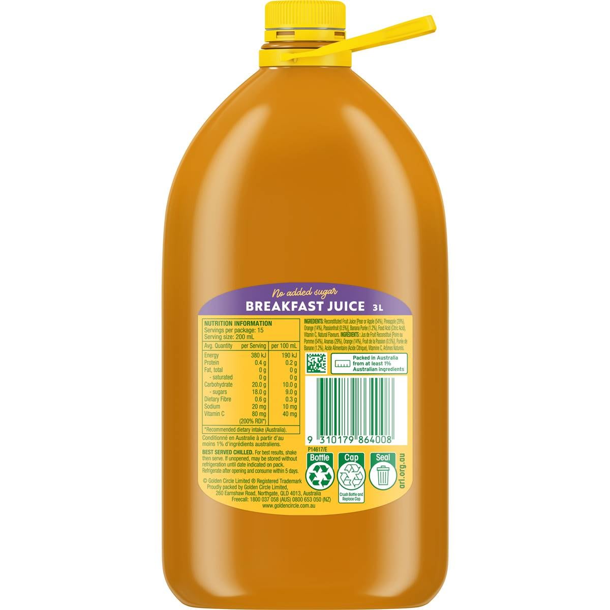 Golden Circle Breakfast Juice No Added Sugar Pineapple Fruit Juices 3l