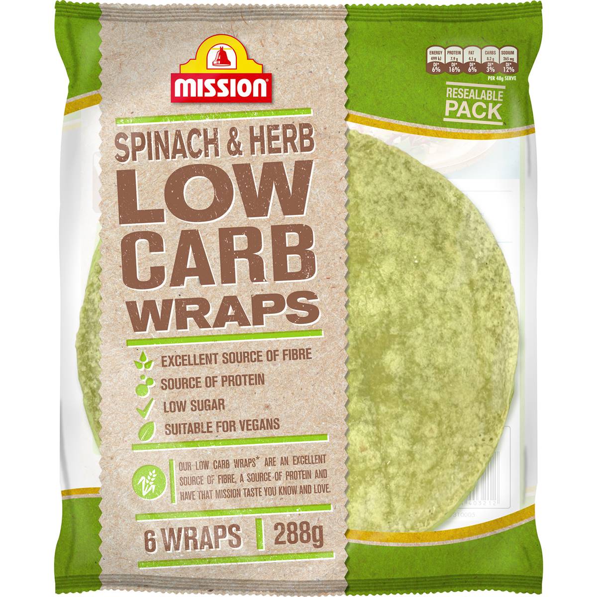 Mission Low Carb Spinach And Herb Wrap 288g Woolworths