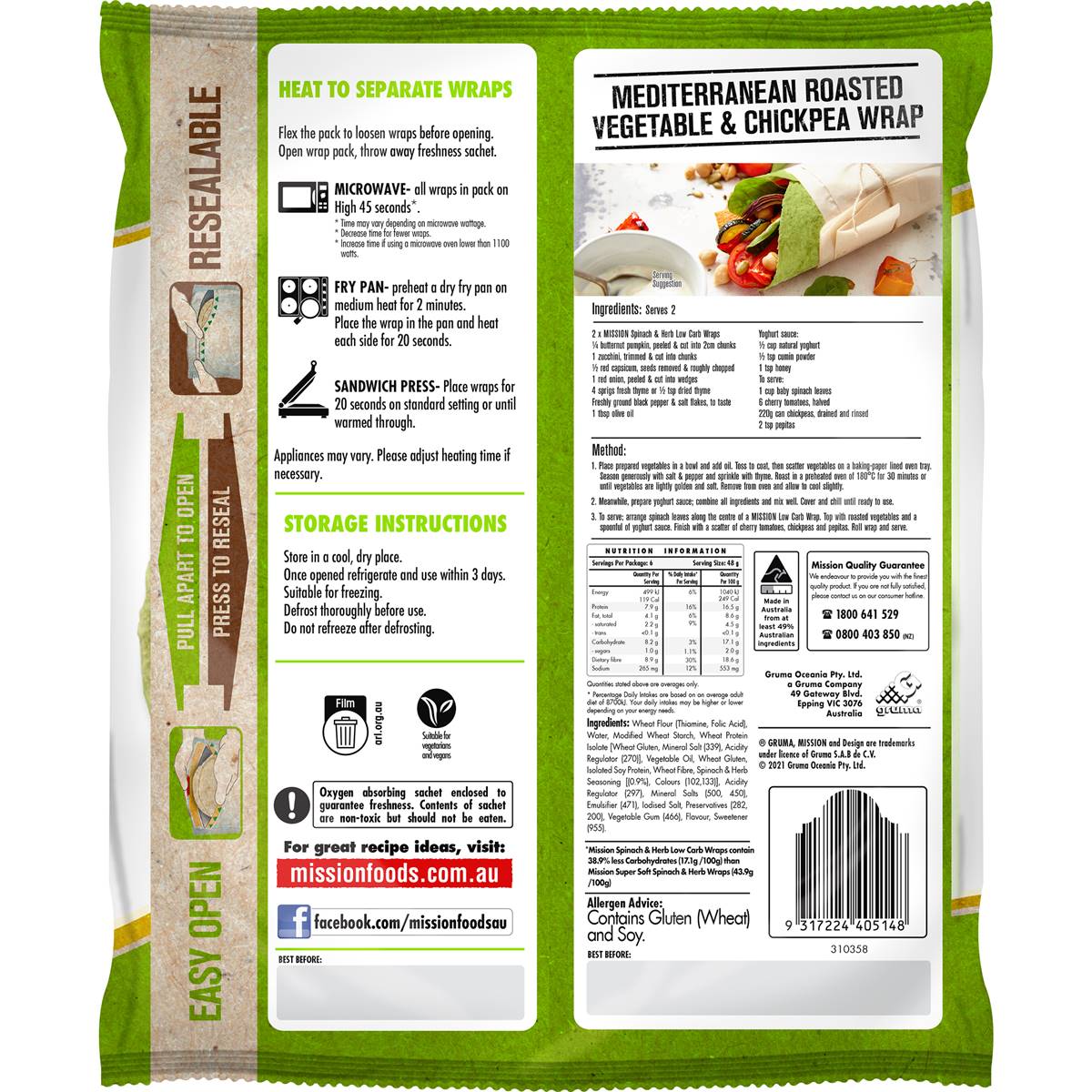 Mission Low Carb Spinach & Herb Wrap 288g | Woolworths