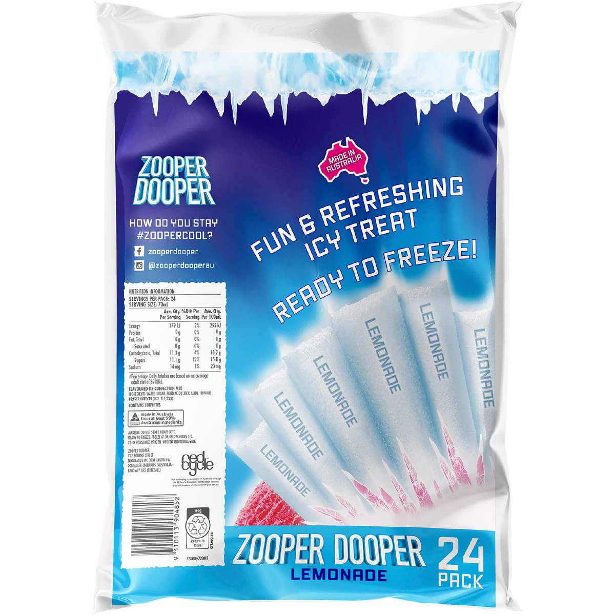 Zooper Dooper Ice Blocks Lemonade 24 X 70ml Woolworths