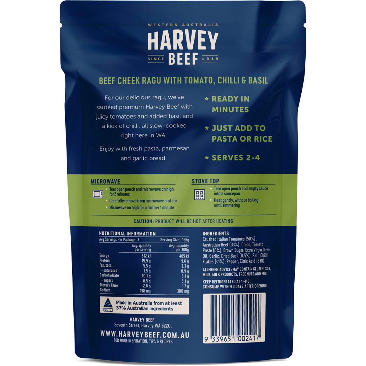 Harvey Beef Beef Cheek Ragu With Tomato Chilli & Basil 500g Woolworths