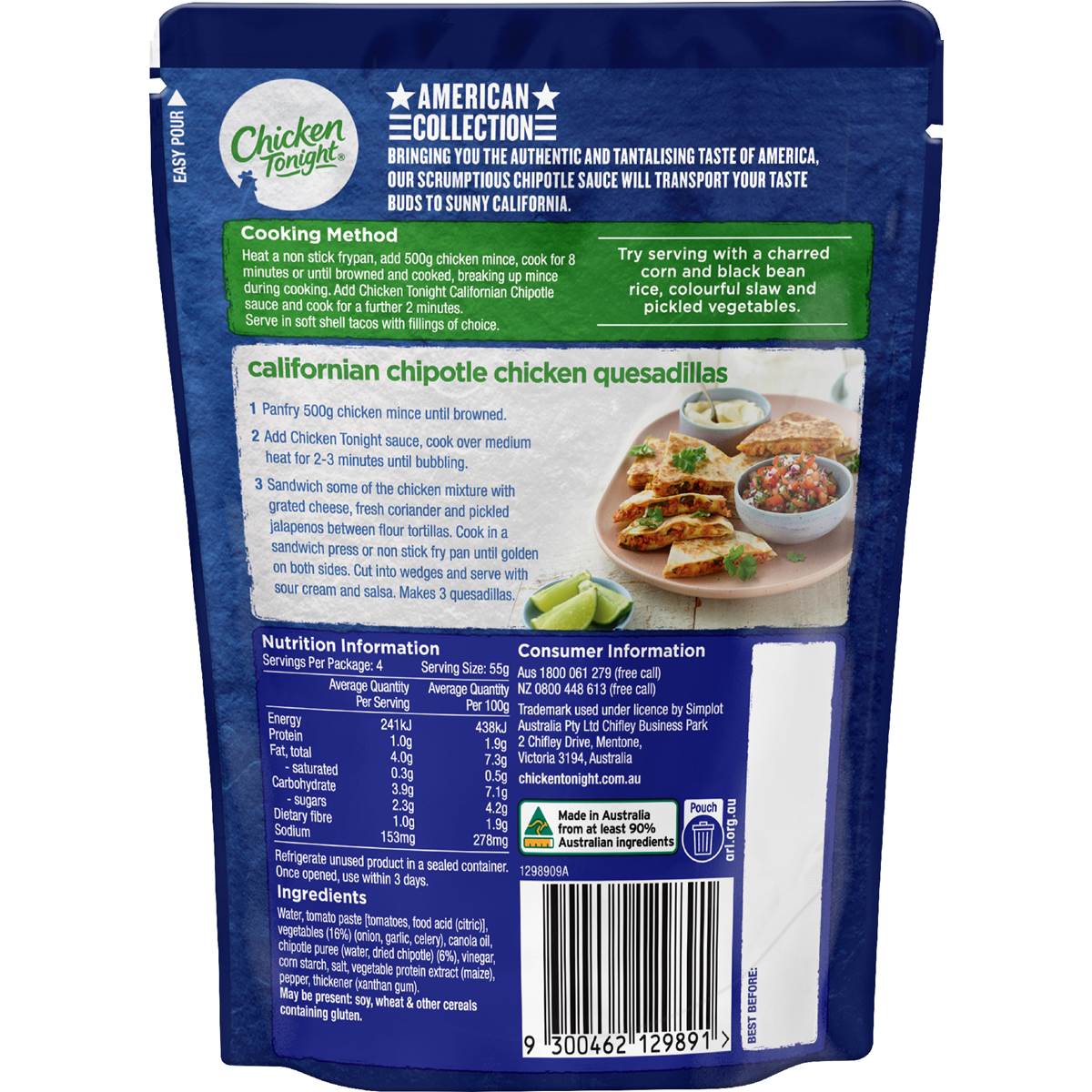 Chicken Tonight Californian Chipotle Chicken Tacos Pouch 220g Woolworths